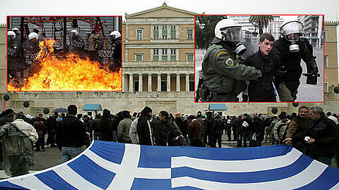 Brennende Geschäfte und Dutzende Verletzte: Stundenlange Krawalle begleiten in Athen die entscheidende Parlamentsdebatte. Immer wieder kam es jüngst zu Ausschreitungen. Die Bilder der vergangenen Tage aus Athen.