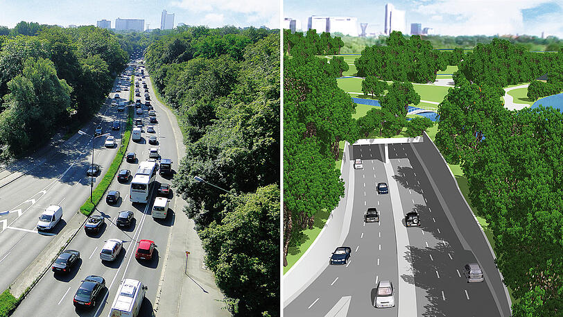 Der Isarring heute und morgen: Wo sich jetzt noch der Verkehr langwälzt, könnte in Zukunft ein Bach plätschern.