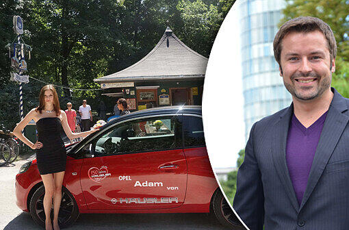 Links: Hübsches Duo: Die amtierende Schöne Münchnerin Katrin Biller mit dem diesjährigen Hauptpreis, einem Opel Adam. Rechts: Jerome Siel ist Marketingleiter Nordeuropa für Ebel.