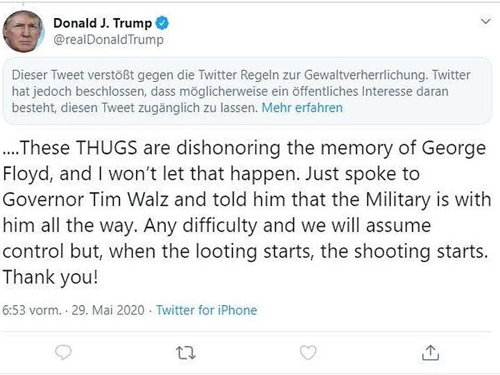 Twitter hat noch einen weiteren Tweet von Donald Trump mit einem Warnhinweis versehen.