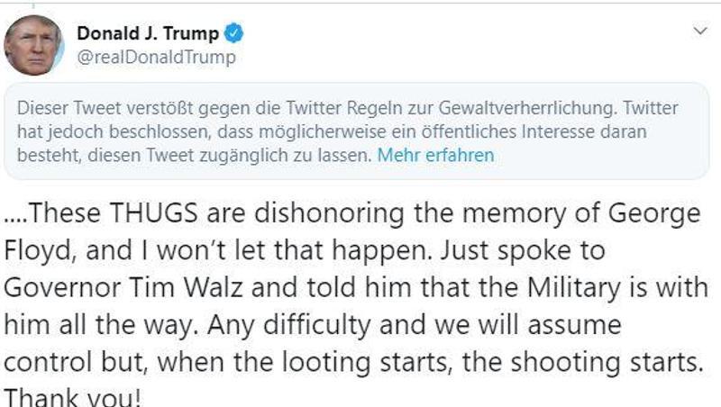 Twitter hat noch einen weiteren Tweet von Donald Trump mit einem Warnhinweis versehen. Twitter hat noch einen weiteren Tweet von Donald Trump mit einem Warnhinweis versehen.