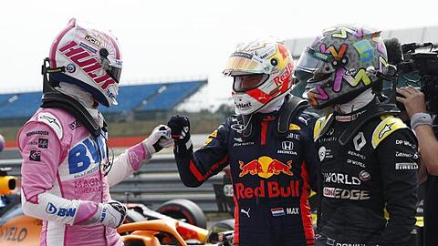 Nico Hülkenberg (l-r) geht von Startplatz drei ins Rennen - Max Verstappen und Daniel Ricciardo gratulieren.