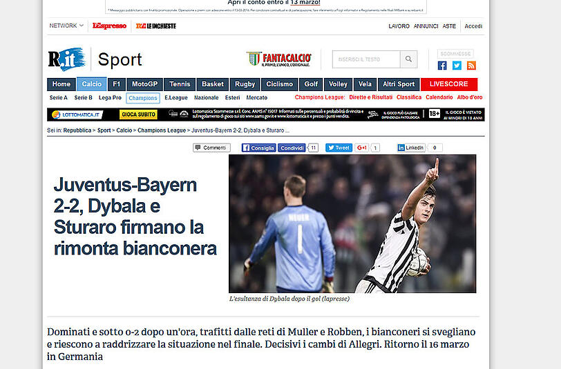 La Repubblica: Dybala und Sturaro fixieren die weiß-schwarze Auferstehung. (Von den Bayern) dominiert und nach einer Stunde mit 0:2 zurück, .... erwachten die "Bianconeri" und schafften es am Ende, die Situation zu korrigieren. Allegris Wechsel waren ausschlaggebend...