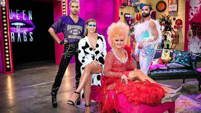 Bill Kaulitz, Heidi Klum, Olivia Jones und Conchita Wurst bilden in der ersten Folge die "Queen of Drags"-Jury. Bill Kaulitz, Heidi Klum, Olivia Jones und Conchita Wurst bilden in der ersten Folge die "Queen of Drags"-Jury.