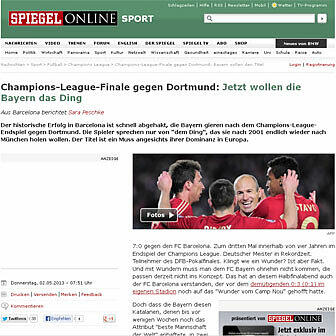 Die FAZ" schreibt von Mitleid für Barca - quasi die Höchststrafe im Fußball: "Am Ende musst man Mitleid mit Barcelona haben: Der FC Bayern entzaubert die Spanier ein zweites Mal. Barça kapituliert beim 0:3 und lässt Messi auf der Bank. Nun kommt es gegen Dortmund zum deutschen Finale in Wembley."