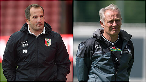 Augsburgs Manuel Baum (l.) hat den Buchmachern zufolge einen der wackeligsten Trainerstühle, Christian Streich vom SC Freiburg sitzt dagegen bombenfest im Sattel.