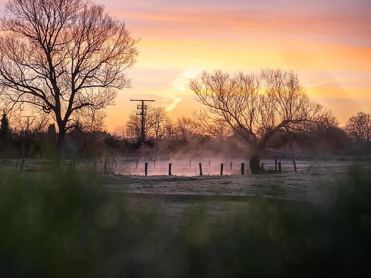 Nebel steigt aus einem Teich auf, während der Sonnenaufgang beginnt den Himmel zu färben. Foto: Jonas Walzberg/dpa
