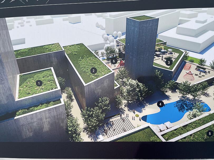 Fertigstellung 2028: Im ersten Baufeld sind ein 80-Meter-Büroturm, auch Gewerbegaragen, die Eventhalle und ein Quartiersplatz geplant.