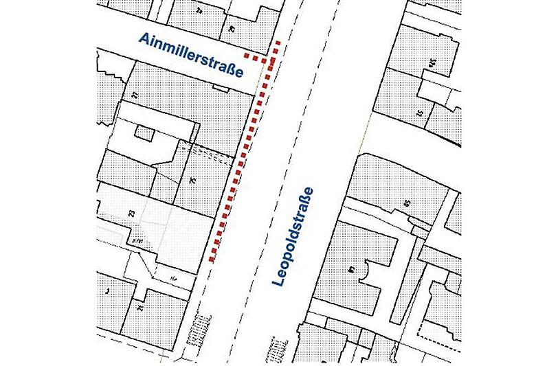 Die Baustelle reicht von der Leopoldstraße 23 bis zur Ecke Ainmillerstraße.