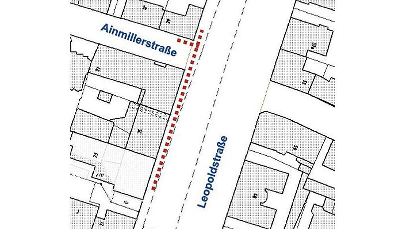 Die Baustelle reicht von der Leopoldstraße 23 bis zur Ecke Ainmillerstraße. Die Baustelle reicht von der Leopoldstraße 23 bis zur Ecke Ainmillerstraße.