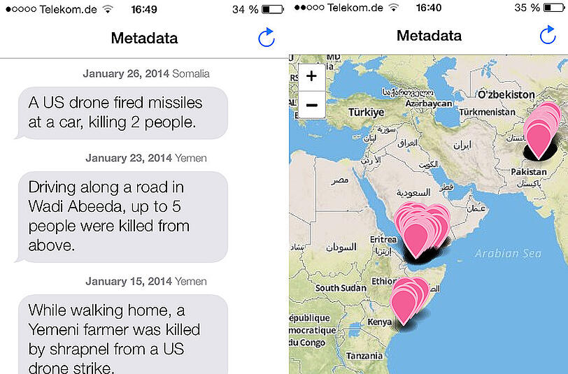 Die App "Metadata+" fürs iPhone: Sie zeigt an, wo Menschen bei US-Drohnenangriffen ums Leben kamen.