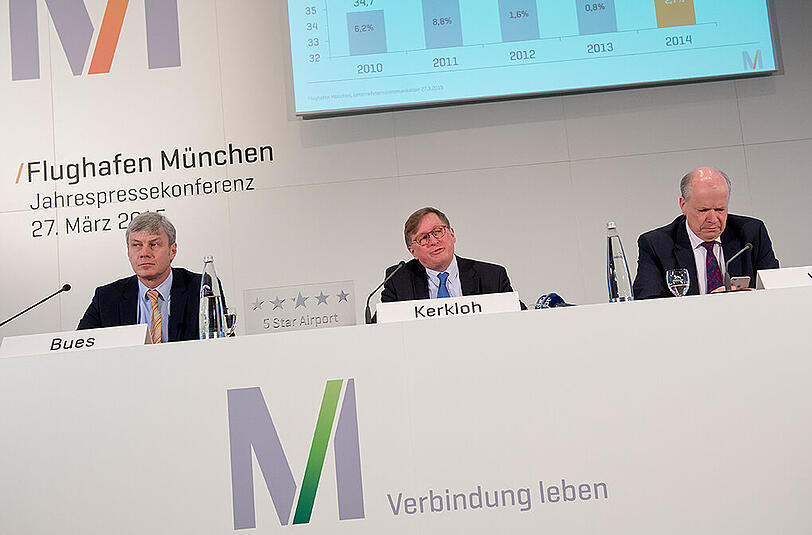 Leiter Unternehmenskommunikation Hans Joachim Bues (l-r), der Vorsitzende der Geschäftsführung Michael Kerkloh und der Geschäftsführer für Finanzen und Infrastruktur der Flughafen München GmbH, Thomas Weyer bei der Jahrespressekonferenz 2015 in München.