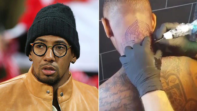 Jérôme Boateng bekommt im Berliner Studio "Love is Pain" sein Nacken-Tattoo.