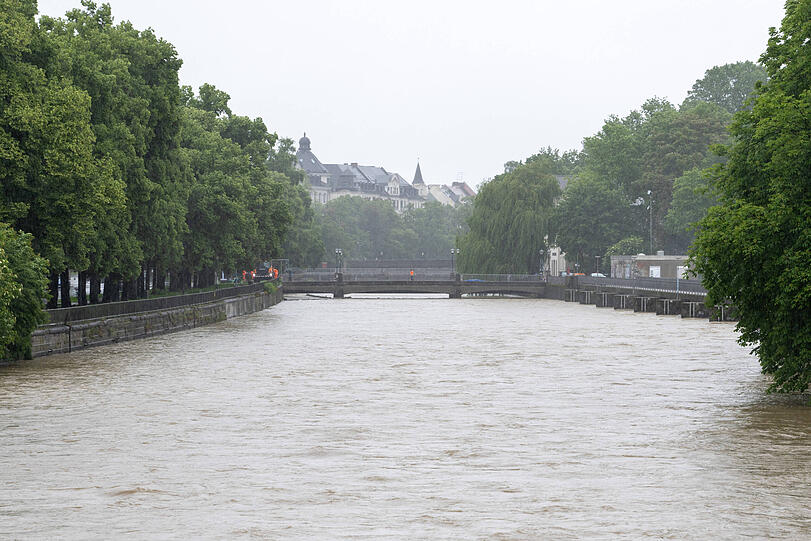 Voll bis zur Oberkante: Die Isar mit Blick auf die Mariannenbrücke am 1.6.2024.