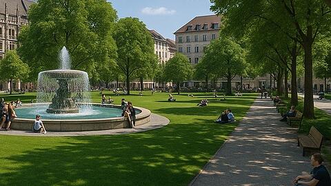 Mit einem großen Brunnen statt nur grüner Wiese in der Mitte: So zum Beispiel könnte sich die CSU den Marienhof vorstellen, wenn die Bagger für die Zweite Stammstrecke weg sind. In der jetzigen Planung ist kein Brunnen vorgesehen.
