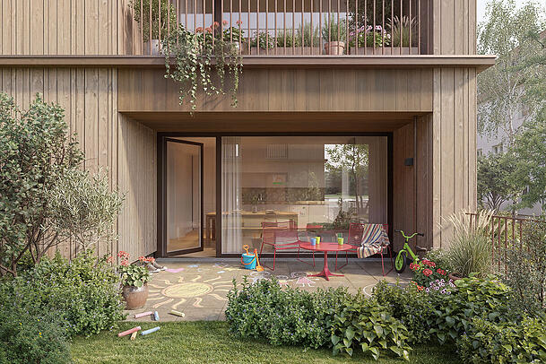 Zu den Wohnungen im Erdgeschoss gehört ein kleiner Garten. Zu den Wohnungen im Erdgeschoss gehört ein kleiner Garten.