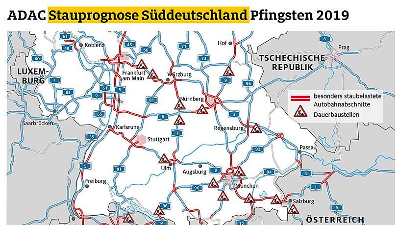 Hier erwartet der ADAC an Pfingsten dieses Jahr Stau. Hier erwartet der ADAC an Pfingsten dieses Jahr Stau.