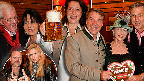 Promis beim Wiesn-Stammtisch der Abendzeitung (von links): Gerd Käfer mit Regine Sixt, Luise Kinseher, Patrick Lindner mit Christine Kaufmann und Peter Schäfer. Unten links: Künstler-Legende Flatz und Assistentin Susanne Budzer