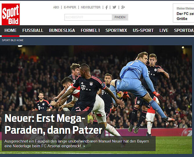 Auch bei "Sportbild" steht der Neuer-Patzer im Focus.