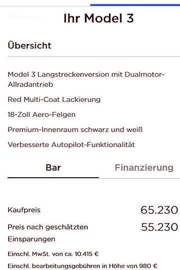 Wer sich den schwarz-weißen Innenraum, roten Lack und die Autopilot-Ausstattung leisten will, ist mit 65.230 Euro dabei. Die "Einsparung" bezieht sich hauptsächlich auf die Preisdifferenz zwischen Benzin und Strom.
