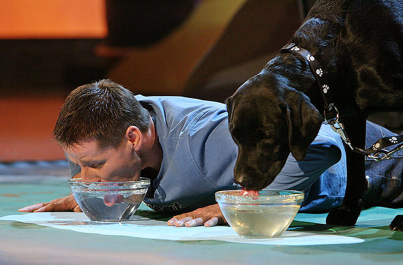 Irrwitzige Wetten an der Tagesordnung. Wettkandidat Tim Vetter wettet, dass er in 90 Sekunden mehr Wasser aus einer Schale schlecken kann, als sein Hund.