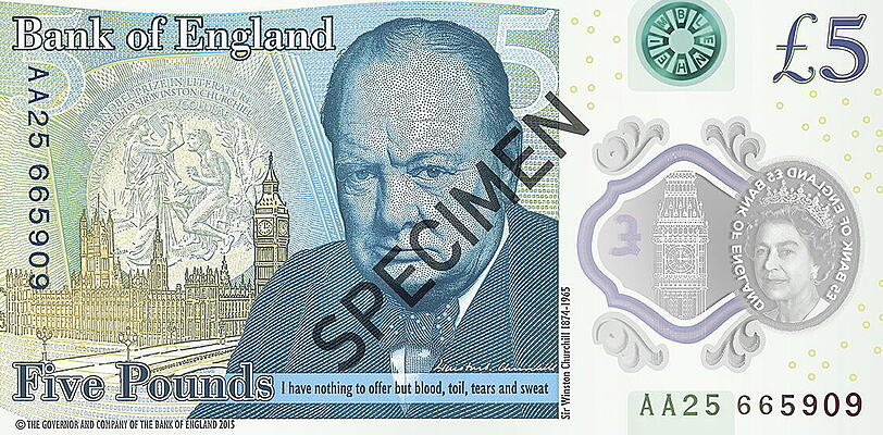 Die neue Fünf-Pund-Note - aus Plastik und mit dem Abbild von Ex-Premier Winston Churchill. Foto: Handout/Boe