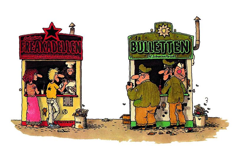 Sind die wirklich so verschieden? Immerhin essen sie ja genau das gleiche: Freaks und Bullen in einer Karikatur aus dem "Blatt" von Gerhard Seyfried.