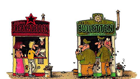 Sind die wirklich so verschieden? Immerhin essen sie ja genau das gleiche: Freaks und Bullen in einer Karikatur aus dem "Blatt" von Gerhard Seyfried.