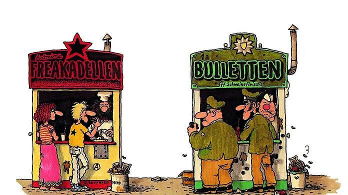 Sind die wirklich so verschieden? Immerhin essen sie ja genau das gleiche: Freaks und Bullen in einer Karikatur aus dem "Blatt" von Gerhard Seyfried.