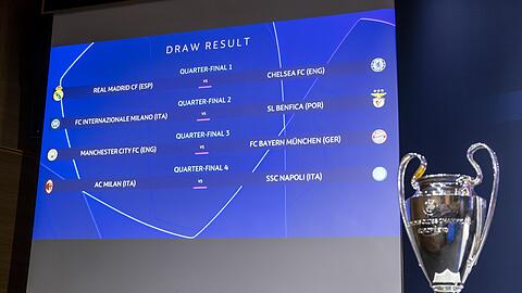 Während der Spiel-Auslosung der Champions League werden die Spielpaarungen angezeigt.