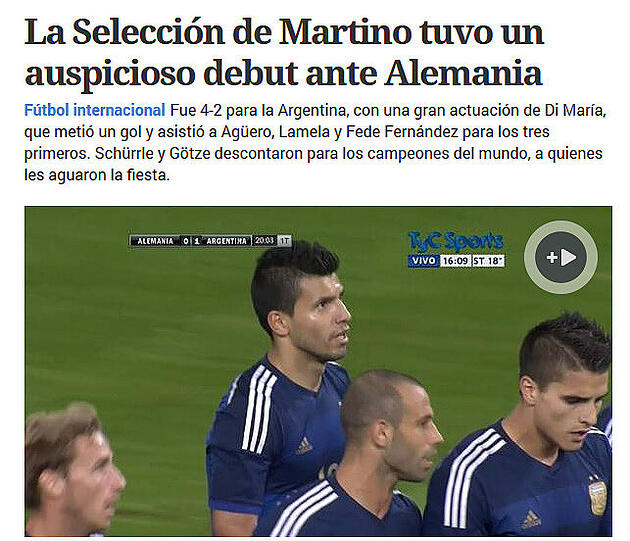 "Martinos Auswahl mit verheißungsvollem Debüt gegen Deutschland", clarin.com (Argentinien)