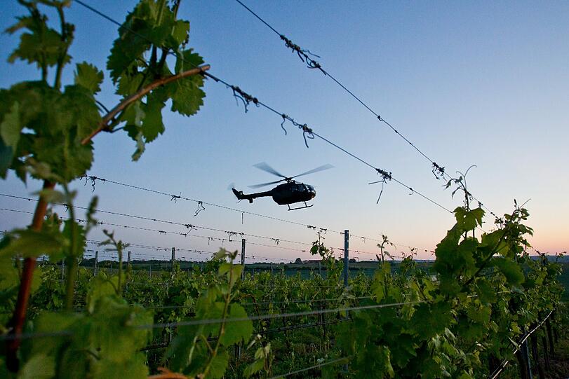 Hubschrauber setzen jetzt die Winzer aus Franken gegen den Nachtfrost ein.
