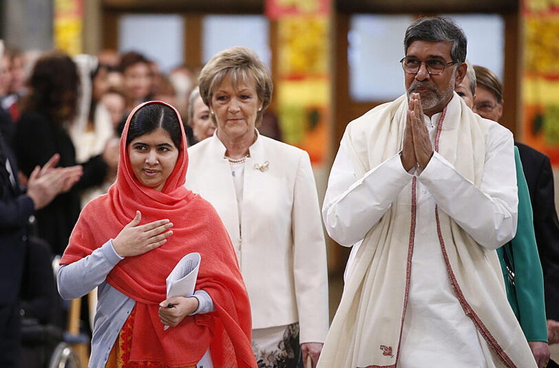 Ankunft der beiden Nobelpreisträger Kailash Satyarthi (r.) aus Indien und Malala Yousafzai aus Pakistan.