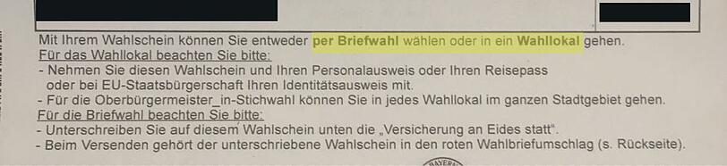 Ein Wahlschein für die Stichwahl des Oberbürgermeisters an diesem Sonntag. Natürlich kann man mit ihm nicht in ein Wahllokal gehen, denn die gibt es dieses Mal nicht.