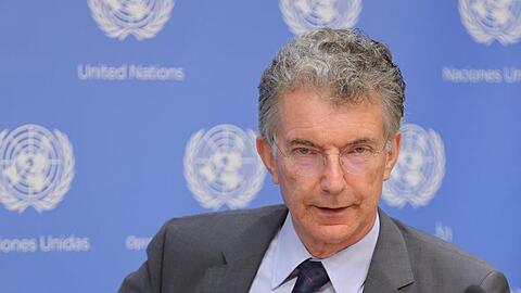 Christoph Heusgen, der deutsche UN-Botschafter, gibt eine Pressekonferenz.