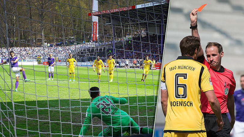 Spielentscheidende Szene: Boenisch fliegt vom Platz, Sekunden später verwandelt Nazarov den Elfmeter zum Führungstreffer.