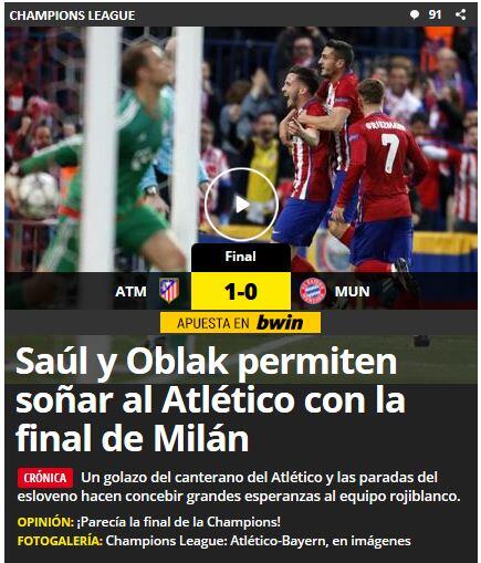 Die spanische Zeitung El Mundo Deportivo träumt schon vom Finale: "Saúl und Oblak lassen Atlético vom Finale in Mailand träumen"