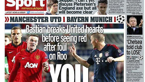 "YOU DIRTY SCHWEIN": Du dreckiges Schwein! Härter kann man einen Gegenspieler kaum beleidigen. Verbale Voll-Entgleisung des Mirror Sport nach dem 1:1 gegen ManU und der roten Karte gegen Bastian Schweinsteiger. "YOU DIRTY SCHWEIN": Du dreckiges Schwein! Härter kann man einen Gegenspieler kaum beleidigen. Verbale Voll-Entgleisung des Mirror Sport nach dem 1:1 gegen ManU und der roten Karte gegen Bastian Schweinsteiger.