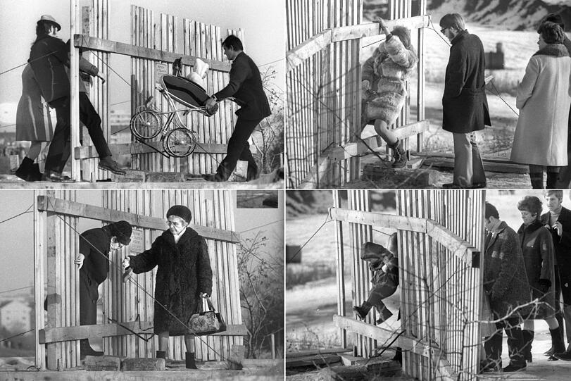 1971: "Zaunhüpfen" beim Sonntagsspaziergang auf der eigentlich abgesperrten Olympiabaustelle. Ma werd ja no schaugn derfa...