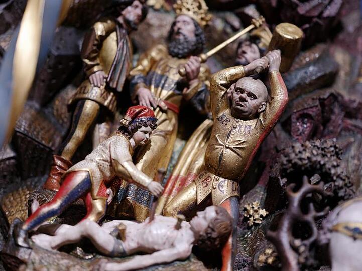 Die Szene "Martyrium des Hl Georg aus dem Georgsretabel aus der Kirche St. Nicolai in Kalkar" aus der Werkstatt des Arnt Beeldersnider.