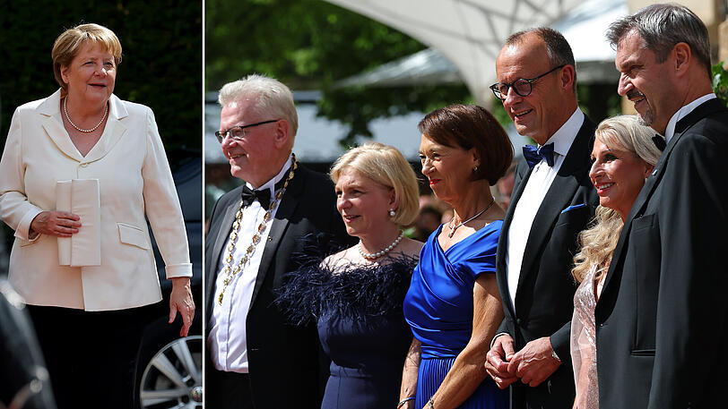 Angela Merkel zeigte sich zunächst ohne Ehemann. Kanzler Merz, Bayreuths Bürgermeister Ebersberger und Ministerpräsident Söder kamen mit ihren Ehefrauen...