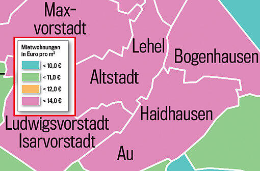 So teuer ist Wohnen in München! Die Münchner Stadtviertel sind in dieser Grafik je nach Quadratmeterpreis eingefärbt. Klicken Sie einfach durch die Quartiere.