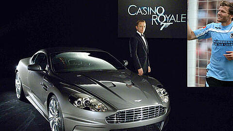 Seit Jahrzehnten wirbt James Bond für Aston Martin. Hier der aktuelle Bond-Darsteller Daniel Craig mit einem Aston Martin DBS. Auch Löwen-Star Benny Lauth ist der Faszination der Marke erlegen. Er fährt einen britischen Sportwagen.