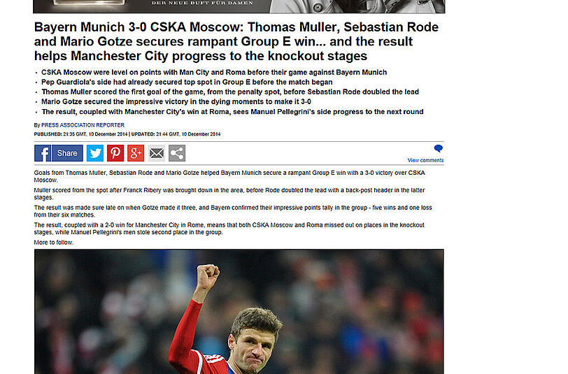 England: dailymail.co.uk - "Thomas Müller, Sebastian Rode und Mario Götze sichern den übermächtigen Sieg in Gruppe E... und verhelfen dadurch ManCity zum Einzug in die K.O.-Phase.