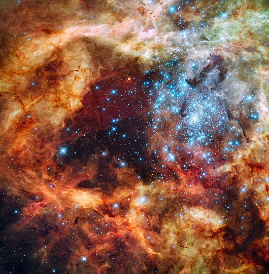 Hunderte blau strahlende Sterne. Das Bild zeigt die "größte stellare Kinderstube" unserer galaktischen Nachbarschaft so detailliert wie nie zuvor, schreibt das Space Telescope Science Institute im Jahr 2009. Klicken Sie durch die imposanten "Hubble"-Aufnahmen.