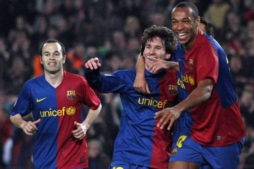 Sie kommen am 14. April nach Fröttmaning: Die Barca-Stars Andres Iniesta, Lionel Messi und Thierry Henry (v.l.)