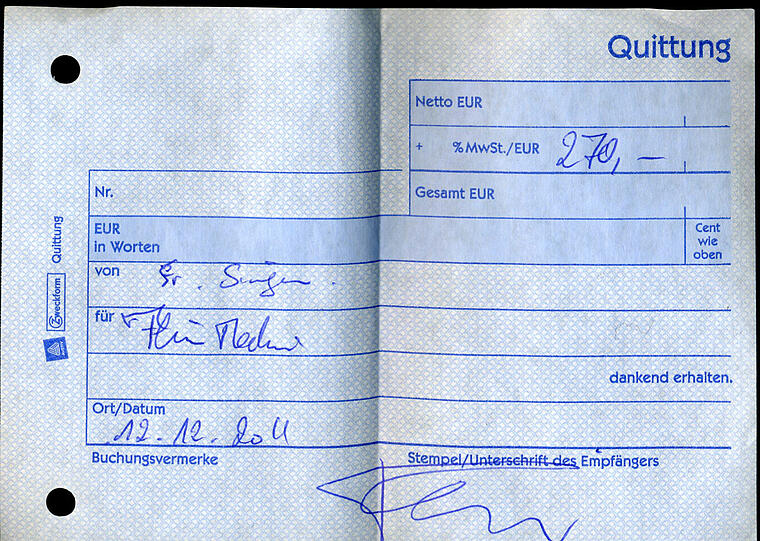 Die AZ bucht die Wohnung zum Test, Herr F. stellt am 12. 12. gegen Bargeld diese Quittung.