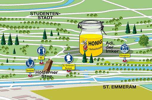 Hölzerner Steg: Am St.-Emmeram-Denkmal können Kinder spielen. Der Steg brannte 2002, wurde aber bis 2004 wieder aufgebaut. Damit kann man hier wieder bequem die Flussseiten wechseln du am linken Ufer bei Adi, dem Imker Honig kaufen.