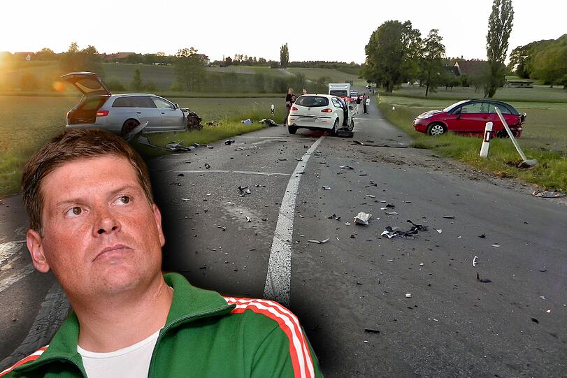 Szene eines Autounfalls: Mit überhöhter Geschwindigkeit krachte Jan Ullrich mit seinem Audi in ein stehendes Fahrzeug.