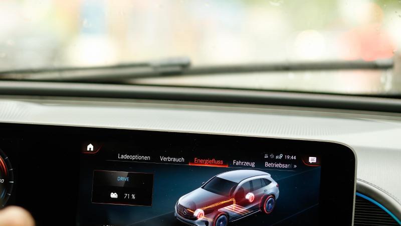 Blick auf das Dashboard und das Cockpit eines Mercedes-Benz EQC. Foto: Gerald Matzka
